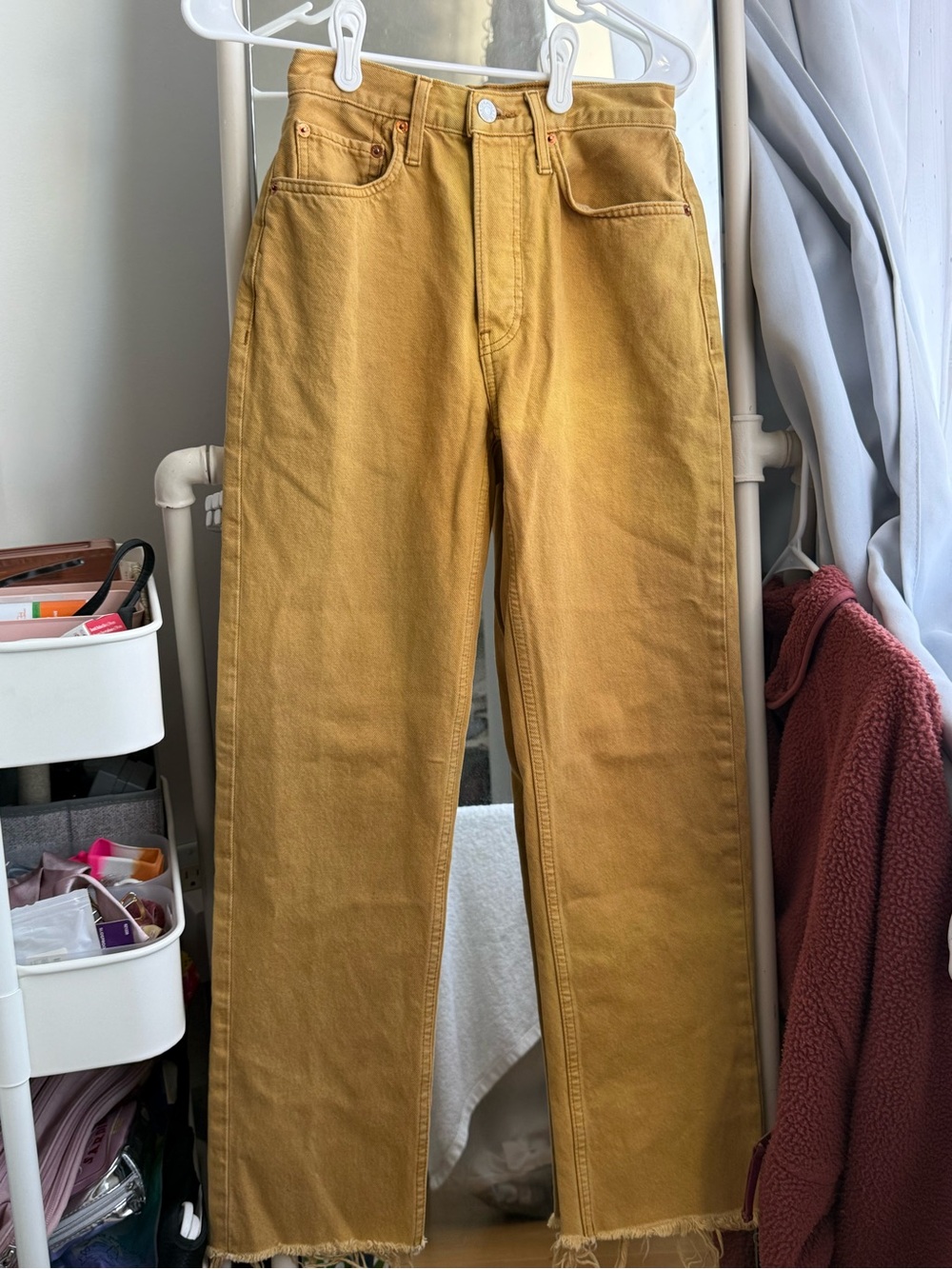 RE/DONE 70s stovepipe jeans in a rare washed yellow mustard shade